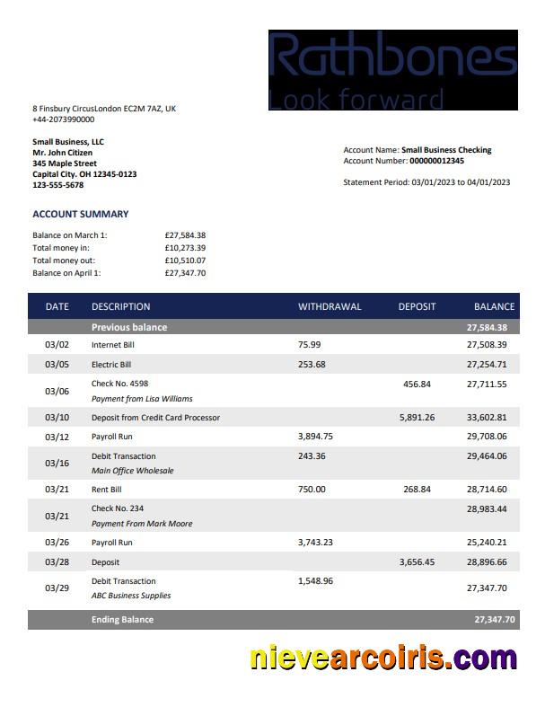 Rathbones Bank company account statement